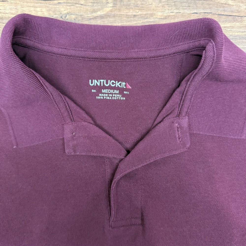 UNTUCKit Mens Medium Long Sleeve Pima Knit Polo Shirt Burgundy Preppy Casual - Picture 2 of 5